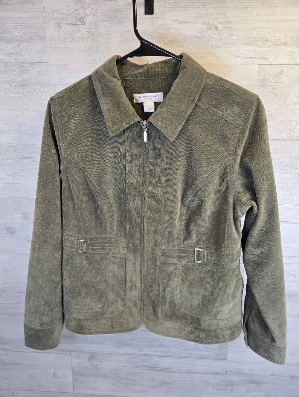 Christopher & Banks Petite Olive Green Corduroy Zip-Front Jacket